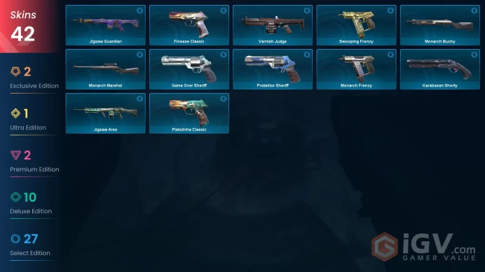 EU | 42 skins | Elderflame Vandal | Artisan Foil | K/TAC Blade | Reaver Phantom | Forsaken Vandal | K/TAC Vandal | Artisan Marshal | Y7145