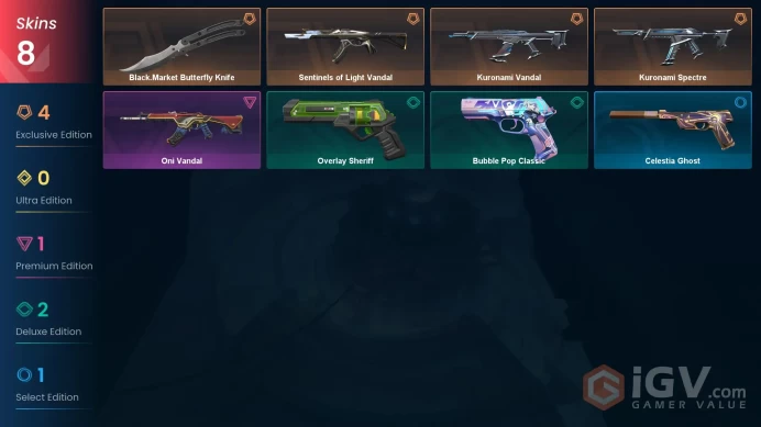 EU | 8 skins | Black.Market Butterfly Knife | Kuronami Vandal | Kuronami Spectre | Sentinels of Light Vandal | Oni Vandal | G5512