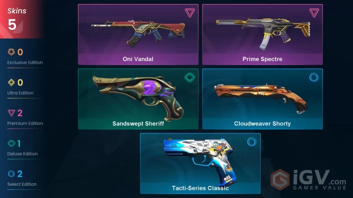 EU | 5 skins | Oni Vandal | Prime Spectre | Sandswept Sheriff | Tacti-Series Classic | Cloudweaver Shorty | E2943