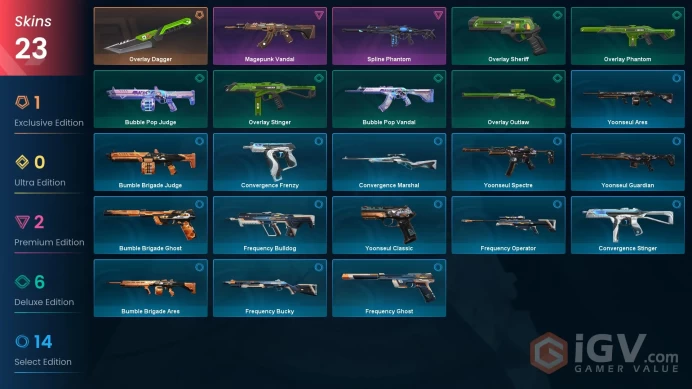 EU | 23 skins | Overlay Dagger | Spline Phantom | Magepunk Vandal | Bubble Pop Vandal | Overlay Phantom | Overlay Stinger | W2933
