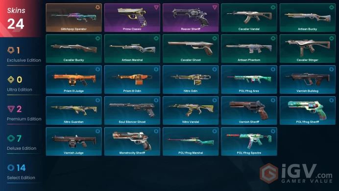 EU | 24 skins | Glitchpop Operator | Prime Classic | Reaver Sheriff | Artisan Marshal | Cavalier Ghost | Cavalier Vandal | F4302