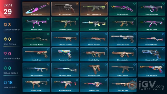 NA / 29 Skins / 1 Knife / RGX 11z / Neo Frontier / Sandswept / Transition / Silhoutte / Libretto / Panoramic / Freehand / Endevaour / RDVR XB41