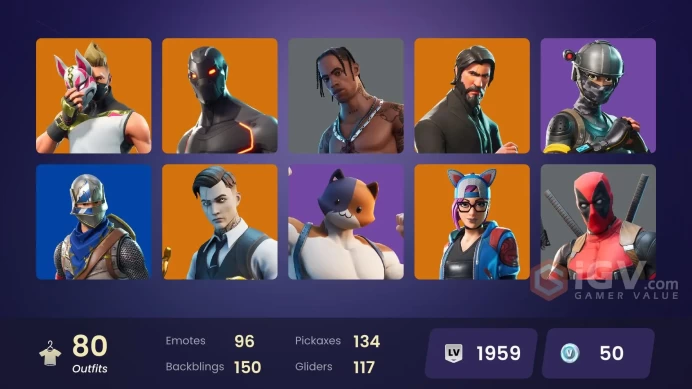 FA / 78 SKINS / TRAVIS SCOTT / THE REAPER / BLUE SQUIRE / ROYALE KNIGHT / ELITE AGENT / GOLD MIDAS / ROGUE AGENT / STAGE 5 / OG STW