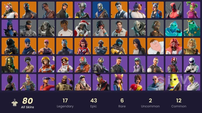 FA / 78 SKINS / TRAVIS SCOTT / THE REAPER / BLUE SQUIRE / ROYALE KNIGHT / ELITE AGENT / GOLD MIDAS / ROGUE AGENT / STAGE 5 / OG STW