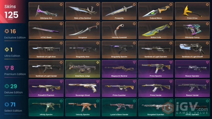 [ASIA] 125 Skins | 9 Knife | Full Acces | Glitchpop Axe / Relic of the Sentinel / Elderflame Judge / Sentinels of Light Vandal |