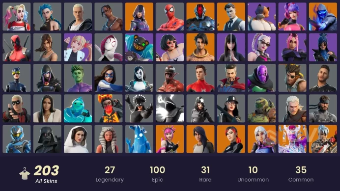 FA / 203 SKINS / TRAVIS SCOTT / GLOW / UNCHAINED RAMIREZ / ARCANE JINX / FNCS AXE YELLOW