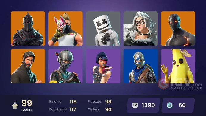 FA / 76 SKINS / BLACK KNIGHT / SPARKLE SPECIALIST / THE REAPER / BLUE SQUIRE / ROYALE KNIGHT / OMEGA (STAGE 5) / OG STW