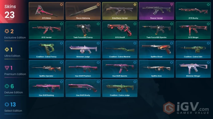 [EU] 23 SKINS | 2 KNIFES | Elderflame Vandal |  Recon Balisong |  .SYS Melee  | Reaver Vandal ~ 7,800 VP Inventory value