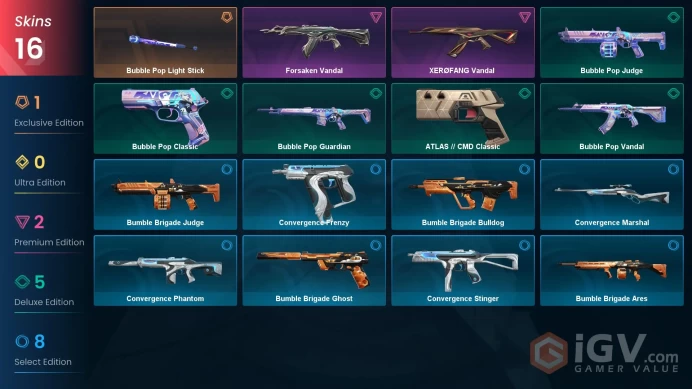 [NA] 16 SKINS |  Bubble Pop Light Stick |  Forsaken Vandal  | XERØFANG Vandal ~ 3,550 VP Inventory value