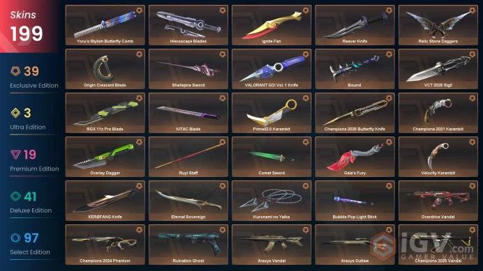 EU-Turkey 199 Skins > Champions 2021 Karambit Arcane Vandal Champions 2024 Phantom Champions 2025 Bundle Ignite Fan VCT 2026 Sigil  99048858 