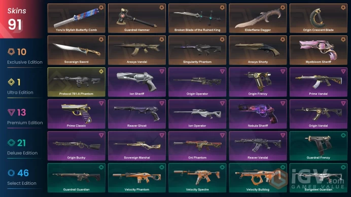EU / 91 Skins / Reaver Vandal / Araxys Vandal / Yoru's Stylish Butterfly Comb / Sovereign Sword / Broken Blade of the Ruined King / V124