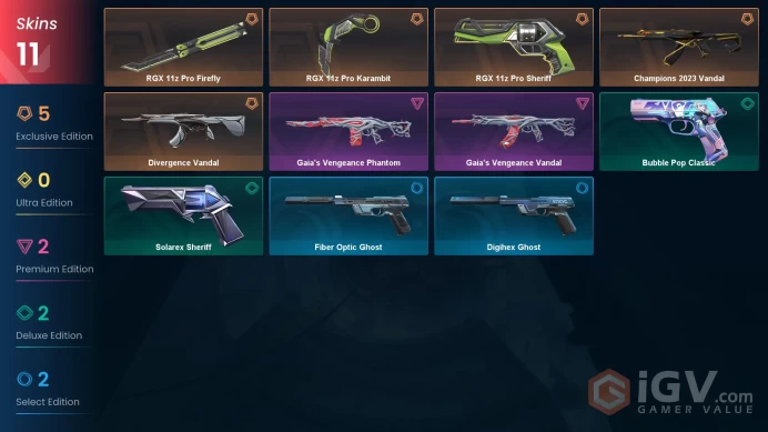 EU / 11 Skins / Champions 2023 Vandal / RGX 11z Pro Karambit + Firefly + Sheriff / Gaia's Vengeance Vandal + Phantom / V125