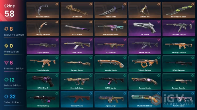 EU / 58 Skins / Reaver + Prime Vandal / Reaver Karambit / Velocity Karambit / Reaver Knife / Oni Phantom / V127