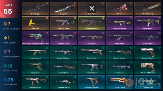 NA / 55 Skins / Reaver | Glitchpop | Vandal | Elderflame | Forsaken | Vandals / Recon Balisong / Songsteel / V126