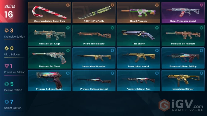 [EU] 16 SKINS | BlastX Phantom | RGX 11z Pro Firefly | Winterwunderland Candy Cane | Gaia's Vengeance Vandal ~ 10,850 VP Inventory value