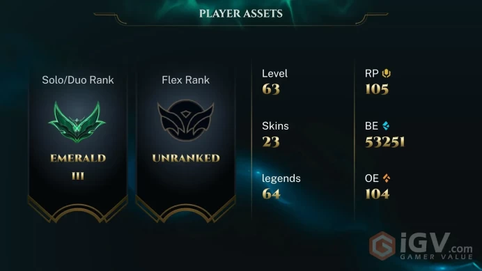 [EUW] S2026 - Emerald 3 - 57 Winrate - 50K Be - 64Champ - 23Skin - Honor 4 - 105RP - Safe - Instant Delivery