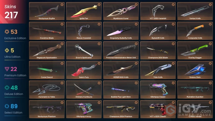 EU/ TUR 204265 Spent VP Ignite Fan Champions 2024 Bundle Champions 2023 Vandal VCT 2025 Karambit Evori's Spellcaster Sovereign Phantom Divergenc