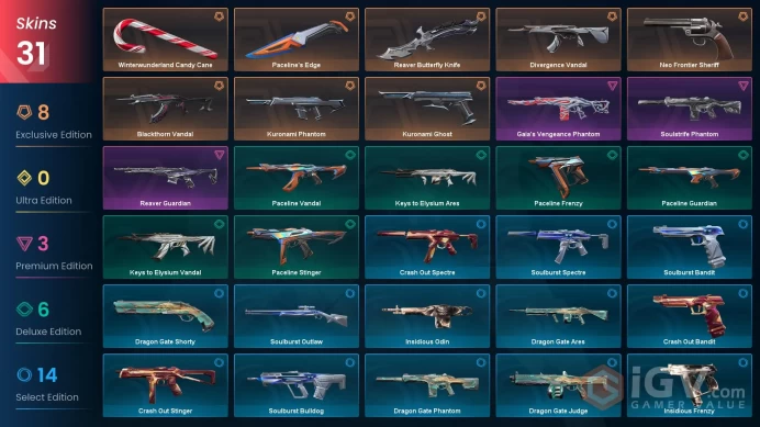 EU 31 skins | Reaver Butterfly Knife | Neo Frontier Sheriff | Divergence Vandal | Winterwunderland Candy Cane | Soulstrife Phantom | V0557