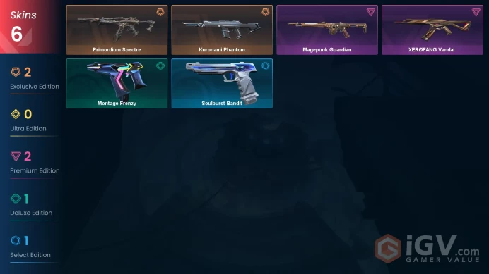 LATAM 6 skins | XERØFANG Vandal | Primordium Spectre | Magepunk Guardian | Kuronami Phantom | Montage Frenzy | Soulburst Bandit | V0575