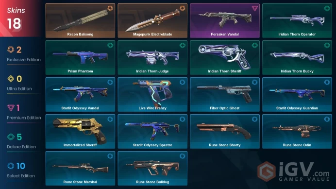 NA 18 skins | Recon Balisong | Magepunk Electroblade | Forsaken Vandal | Prism Phantom | Iridian Thorn Sheriff | Iridian Thorn Operator | V0467