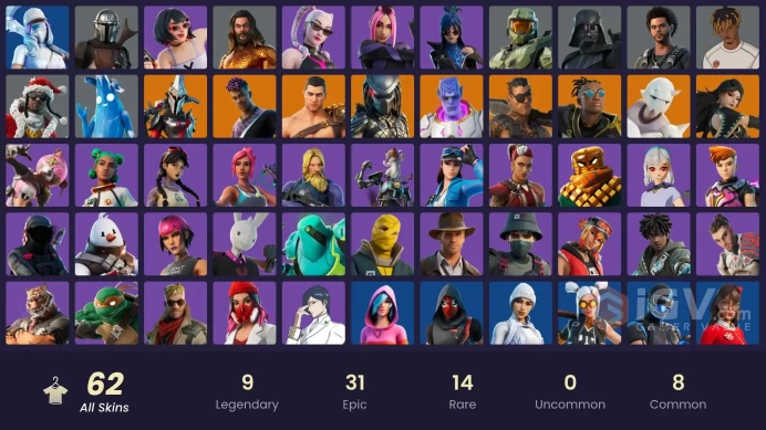 | PC | 62 SKINS | Mandalorian | Predator | Joey | Era | Fade | Menace | Kymera | Snap | Malik | Eternal Knight | Snowmando | 0 VBUCKS | Fwg7H |