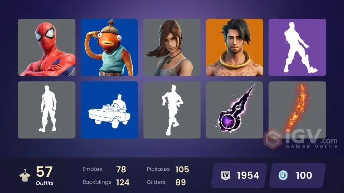 | PC/XBOX | 57 SKINS | Joey | Ronin | Raz | Kymera | Keisha Cross | Harlowe | Godzilla Evolved | Cluck | Daigo | Kendo | 100 VBUCKS | FvY1E |