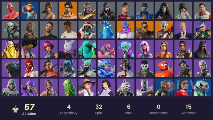 | PC/XBOX | 57 SKINS | Joey | Ronin | Raz | Kymera | Keisha Cross | Harlowe | Godzilla Evolved | Cluck | Daigo | Kendo | 100 VBUCKS | FvY1E |
