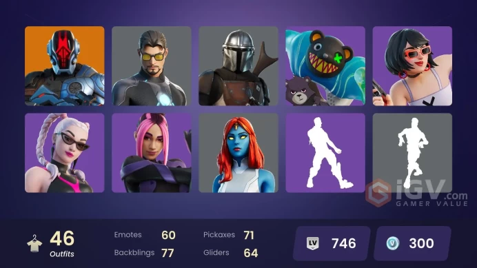 | PC/PSN/XBOX | 46 SKINS | Paradigm (Reality-659) | Renzo the Destroyer | Mizuki | Snap | Malik | Ronin | The Foundation | 300 VBUCKS | FtkJf |