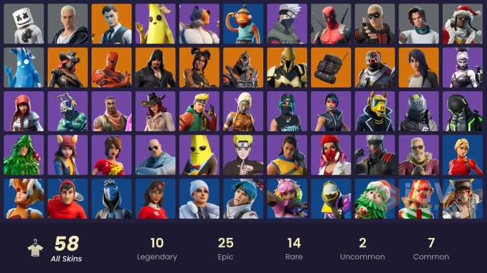 | PC/XBOX | 58 SKINS | Calamity | Midas | Ruin | Hybrid | Blackheart | Catalyst | Ultima Knight | Luxe | Deadpool | Peely | 450 VBUCKS | Fua7s |