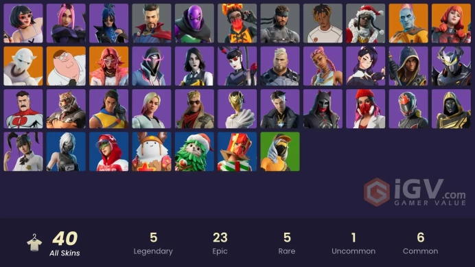 | PC/XBOX | 40 SKINS | Peter Griffin | Valeria | The Origin | Snap | The Imagined | Solid Snake | Burnoff | Adira | Erisa | 0 VBUCKS | FtD6m |