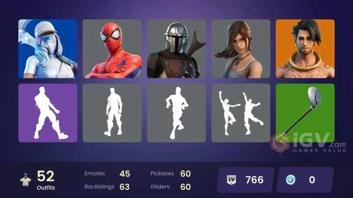 | PC/XBOX | 52 SKINS | Mandalorian | The Imagined | The Origin | Joey | Raz | Kymera | Ronin | Predator | Menace | Reese | 0 VBUCKS | Fw9d5 |