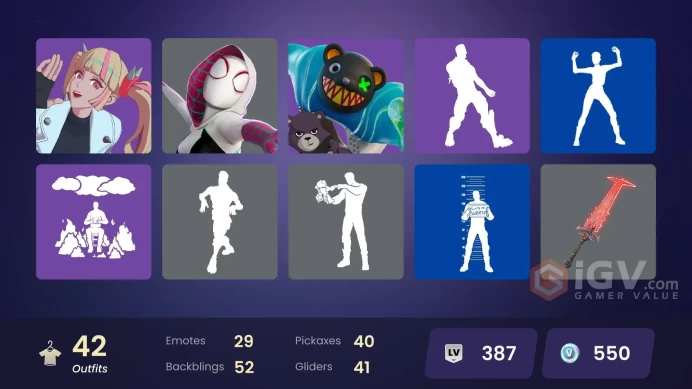 | PC | 42 SKINS | Renzo the Destroyer | Mizuki | Paradigm (Reality-659) | Spectra Knight | Twyn | Era | Musha | Thunder | 550 VBUCKS | FukRB |