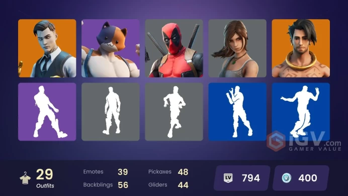| PC/PSN/XBOX | 29 SKINS | Joey | Raz | Deadpool | Spire Assassin | Gear Specialist Maya | Kymera | Fade | Midas | Jules | 400 VBUCKS | Fw4ak |