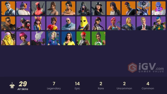 | PC/PSN/XBOX | 29 SKINS | Joey | Raz | Deadpool | Spire Assassin | Gear Specialist Maya | Kymera | Fade | Midas | Jules | 400 VBUCKS | Fw4ak |