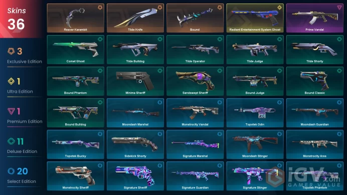NA | VP 205 | LVL 152 | Radiant Entertainment System Ghost | Reaver Karambit | Tilde Knife | Bound  | Prime Vandal | Bound Classic | Bou | V0626