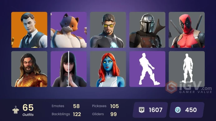 | PC/XBOX | 65 SKINS | Midas | Deadpool | Ronin | Predator | Mandalorian | Gear Specialist Maya | Joey | Kymera | Menace | 450 VBUCKS | FweJ3 |