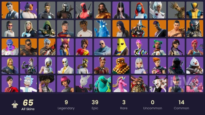 | PC/XBOX | 65 SKINS | Midas | Deadpool | Ronin | Predator | Mandalorian | Gear Specialist Maya | Joey | Kymera | Menace | 450 VBUCKS | FweJ3 |