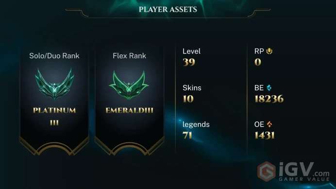 | LAS | 10 SKINS | PLATINUM 3 | 71 CHAMPIONS | 39 LEVEL | INSTANT DELIVERY | FULL ACCESS | Fwkdr |