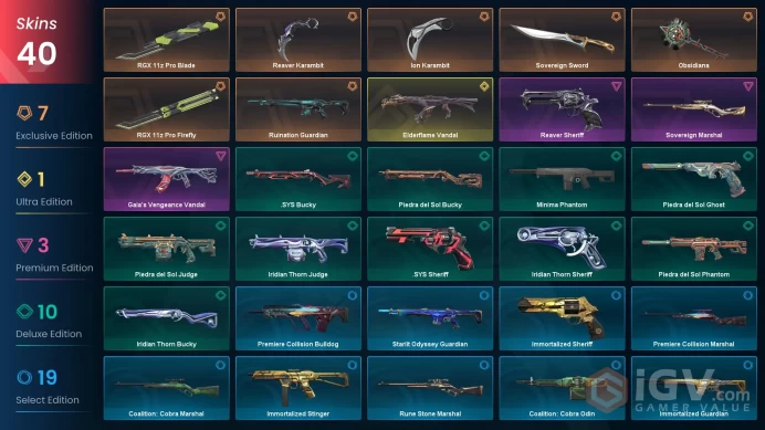 NA / 40 Skins / Reaver Karambit / Ion Karambit / Elderflame + Gaia's Vengeance Vandal / RGX 11z Pro Firefly /  V128