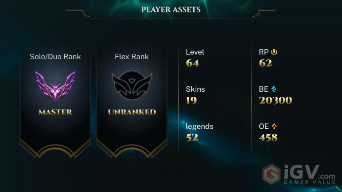 Rank: Currently - Master 210 LP [EUW] > 52 Champions > 19 skins > unverified Email > Handmade > 20K BE