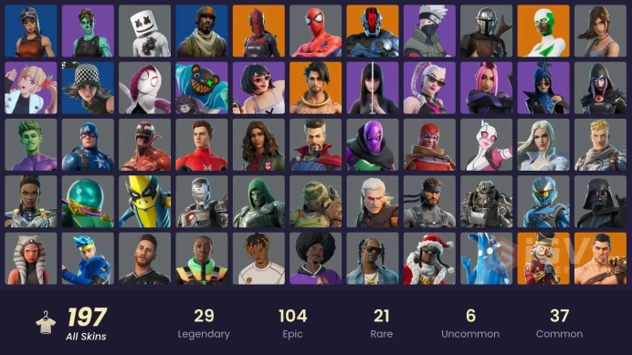 197 skins [All Platforms] Lara Croft | Reaper | Backlash | Spider-Man | Spider-Gwen | Geralt of Rivia | 450 VB | Instant Delivery