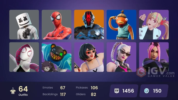 64 skins [All Platforms] Spider-Man | Spider-Gwen | Geralt of Rivia | The Origin | Son Goku | The Foundation | 150 VB | Instant Delivery