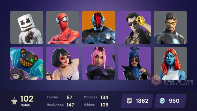 102 skins [All Platforms] Spider-Man | Geralt of Rivia | Renzo the Destroyer | The Origin | Kymera | 950 VB | Instant Delivery