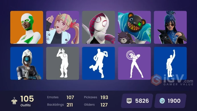 105 skins [All Platforms] Backlash | Spider-Gwen | Geralt of Rivia | Peter Griffin | Championship Aura | 1900 VB | Instant Delivery
