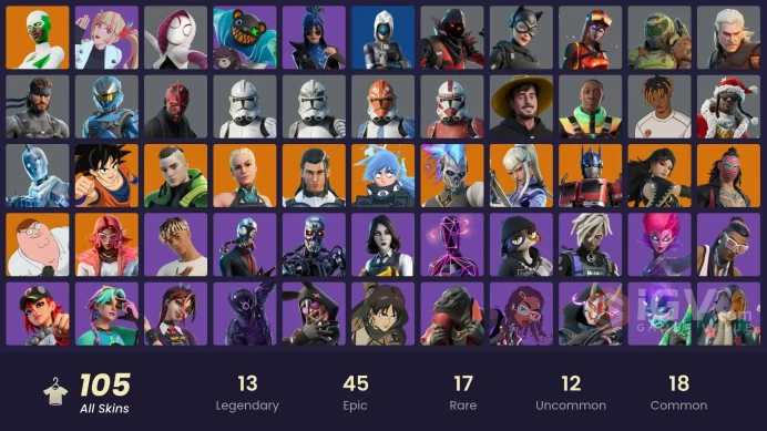 105 skins [All Platforms] Backlash | Spider-Gwen | Geralt of Rivia | Peter Griffin | Championship Aura | 1900 VB | Instant Delivery