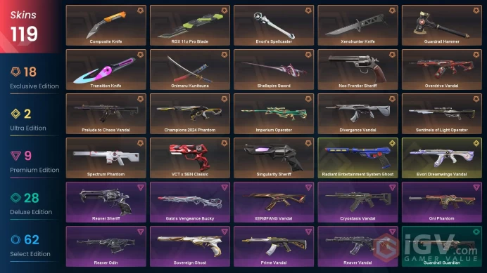 EU 119 skins | Evori's Spellcaster | Champions 2024 Phantom | Xenohunter Knife | Evori Dreamwings Vandal | RGX 11z Pro Blade | Onimaru Kunitsuna