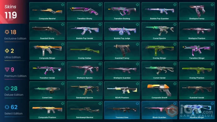 EU 119 skins | Evori's Spellcaster | Champions 2024 Phantom | Xenohunter Knife | Evori Dreamwings Vandal | RGX 11z Pro Blade | Onimaru Kunitsuna