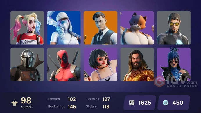 | PC/XBOX | 98 SKINS | Nezumi | Mandalorian | Deadpool | Eternal Knight | Midas | Renzo the Destroyer | Fade | Predator | 450 VBUCKS | FuVdt |