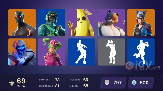 | PC | 69 SKINS | Rox | Mizuki | Gear Specialist Maya | Renzo the Destroyer | Lynx | Sentinel | Blackheart | Hybrid | 500 VBUCKS | Fww5M |