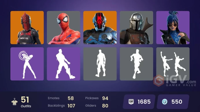 | PC/XBOX | 51 SKINS | Valeria | Red Knight | Mandalorian | Predator | Ronin | Peter Griffin | The Imagined | Fresh Aura | 550 VBUCKS | FuV7c |